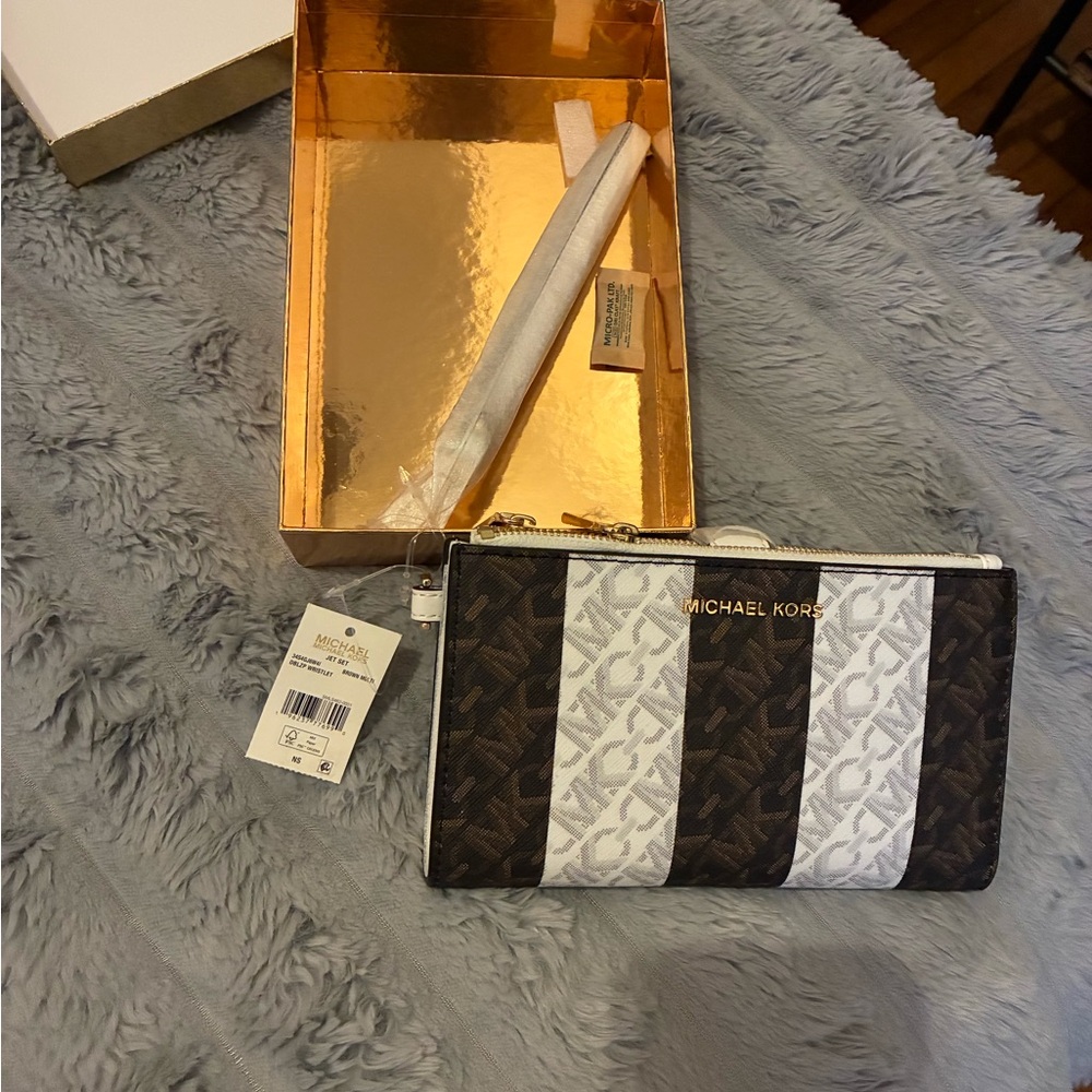 Michael Kors Brown and White Logo Clutch